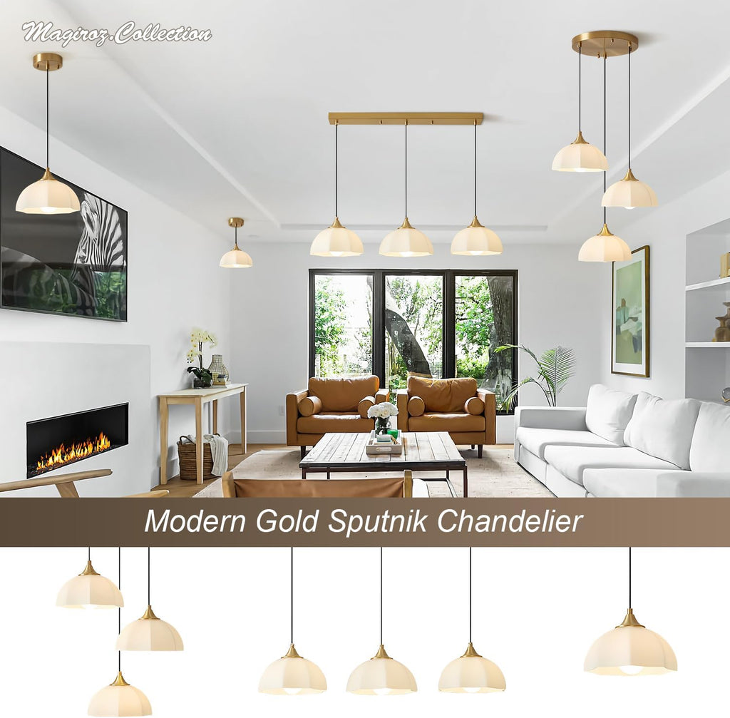 Modern 3 Light Pendant Lighting Gold Linear Dining Room Light Fixture Milk Glass Linear Chandelier Brass and White Pendant Lights Kitchen Island 3 Bulb Hanging Ceiling Light MPL17-3S GD