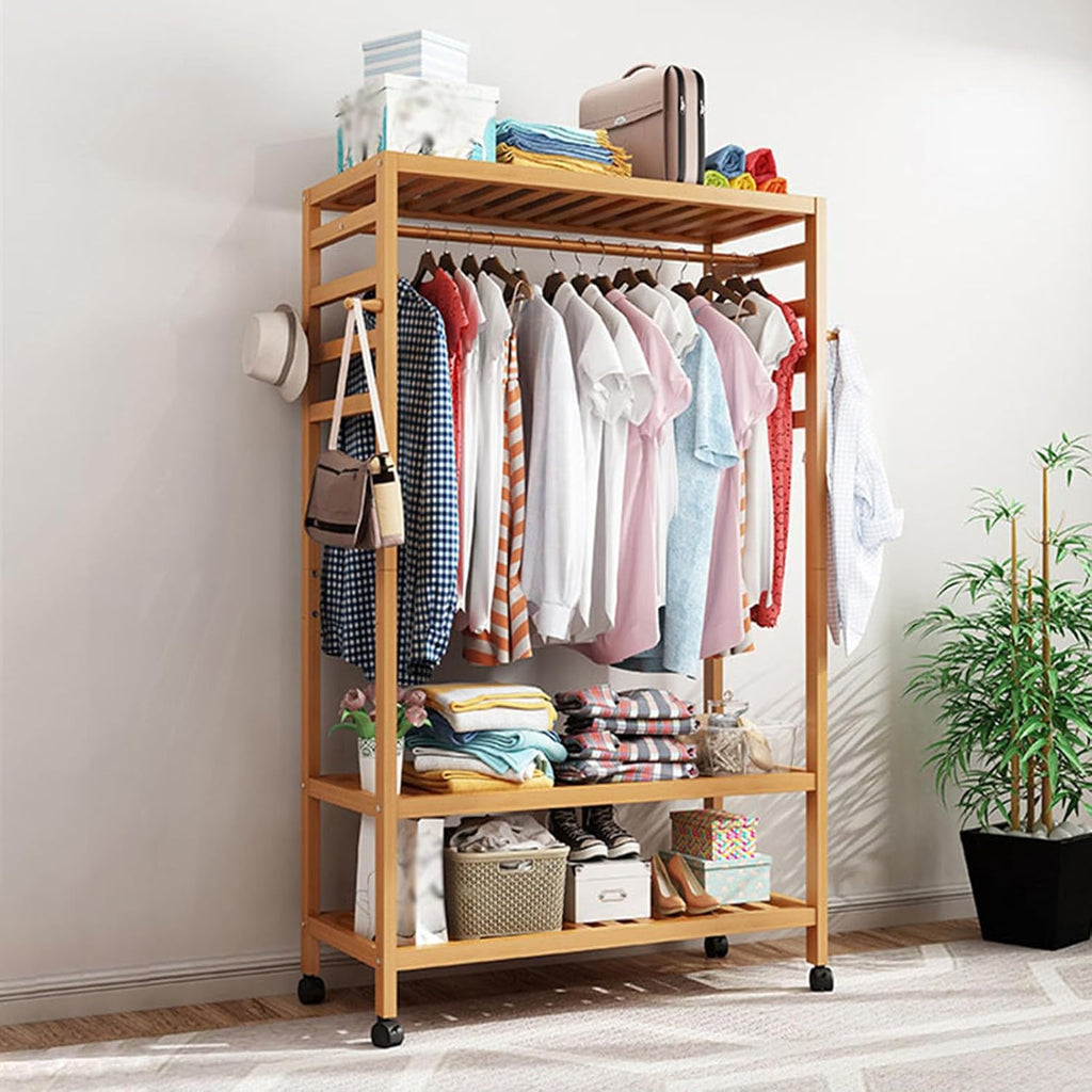 Bamboo Garment Rack Clothes Shelf Shoes Storage with 4 Hooks, Top Rod, 3 Storage Shelves, Wheels, Rolling Clothes Rack for Hanging Clothes, Clothing Racks Storage Organizer