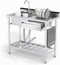 Stainless Steel Utility Sink, 39'' Free Standing Single Bowl Kitchen Sink with Right Drawer, Cold and Hot Water Pipe, Indoor and Outdoor for Laundry Room Farmhouse Kitchen(39 inch)