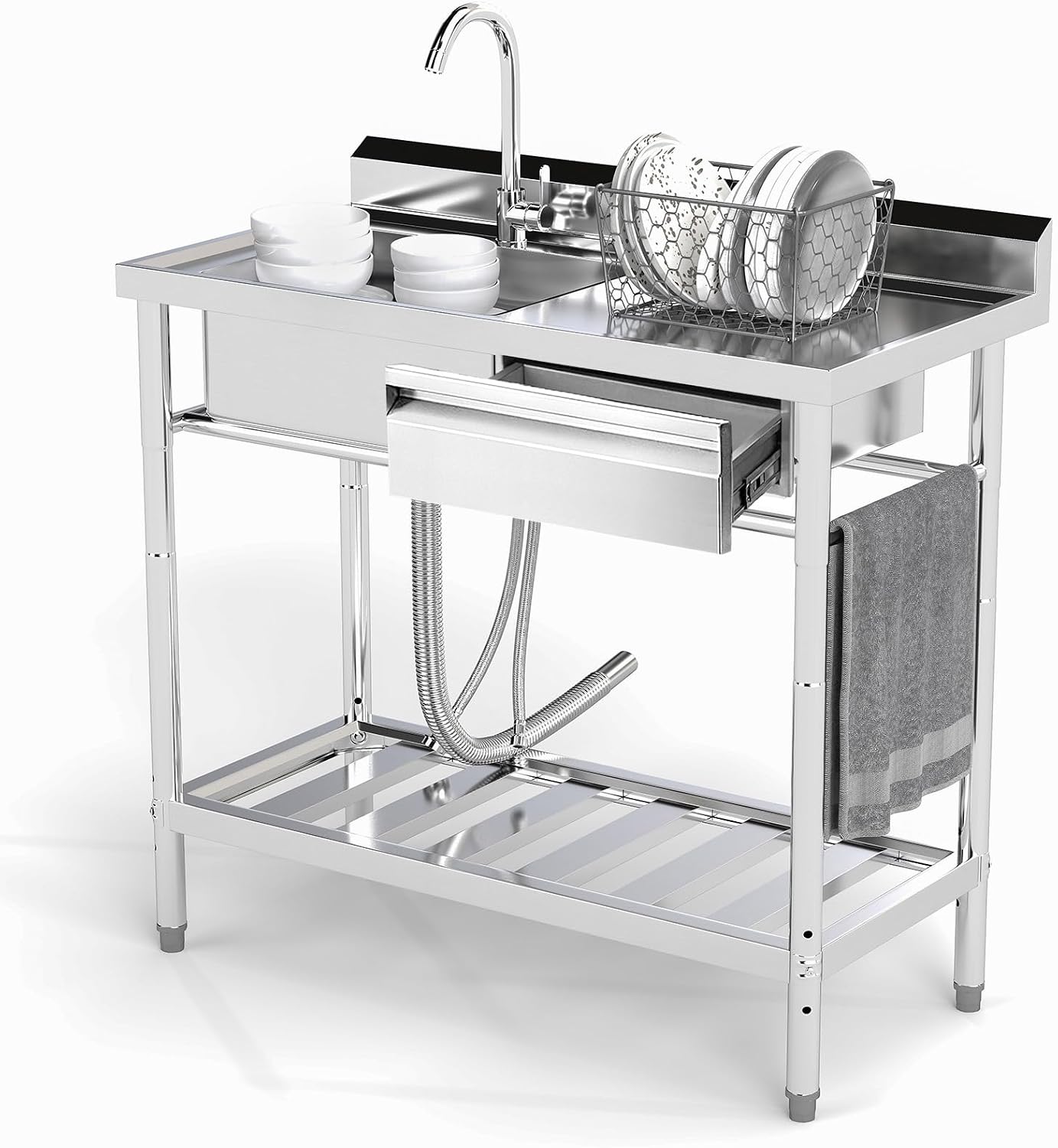 Stainless Steel Utility Sink, 39'' Free Standing Single Bowl Kitchen Sink with Right Drawer, Cold and Hot Water Pipe, Indoor and Outdoor for Laundry Room Farmhouse Kitchen(39 inch)