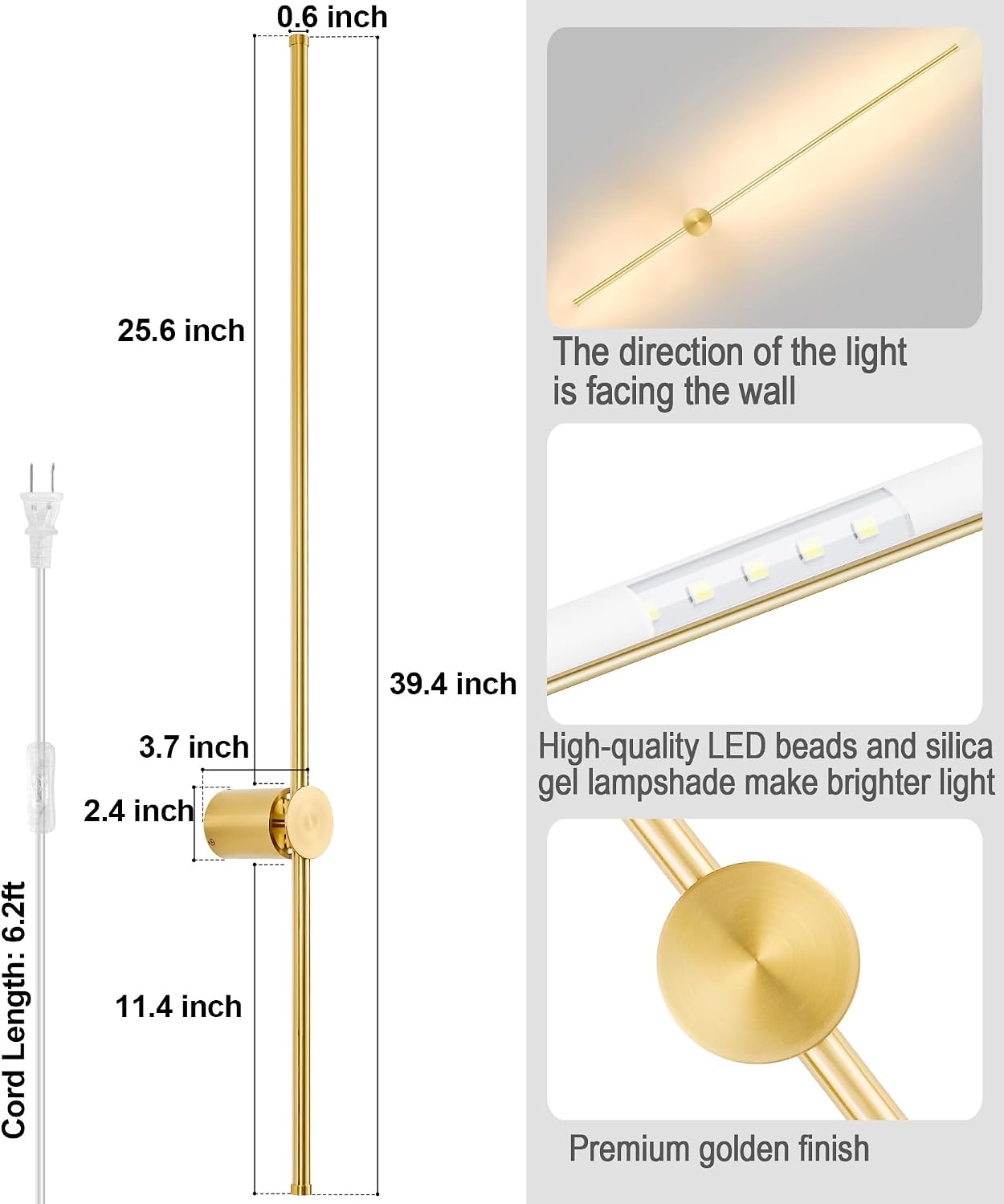 GOODATE Wall Sconces Set of Two with Remote, Stepless Colors 3000K-6500K & Stepless Dimming, Hardwire or Plug-in, 180° Rotate, LED Gold Plug in Wall Sconces with Timer & Night Light, 39.4 Inches