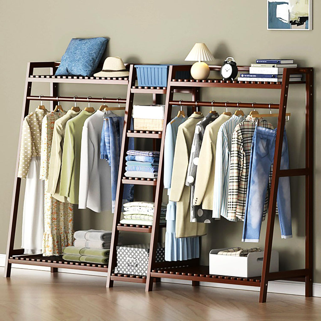 Bamboo Freestanding Clothing Rack - Large Garment Storage Organizer with Shelves, Brown, 130cm - Ideal for Hanging Clothes & Shoes, Stylish Wardrobe Solution