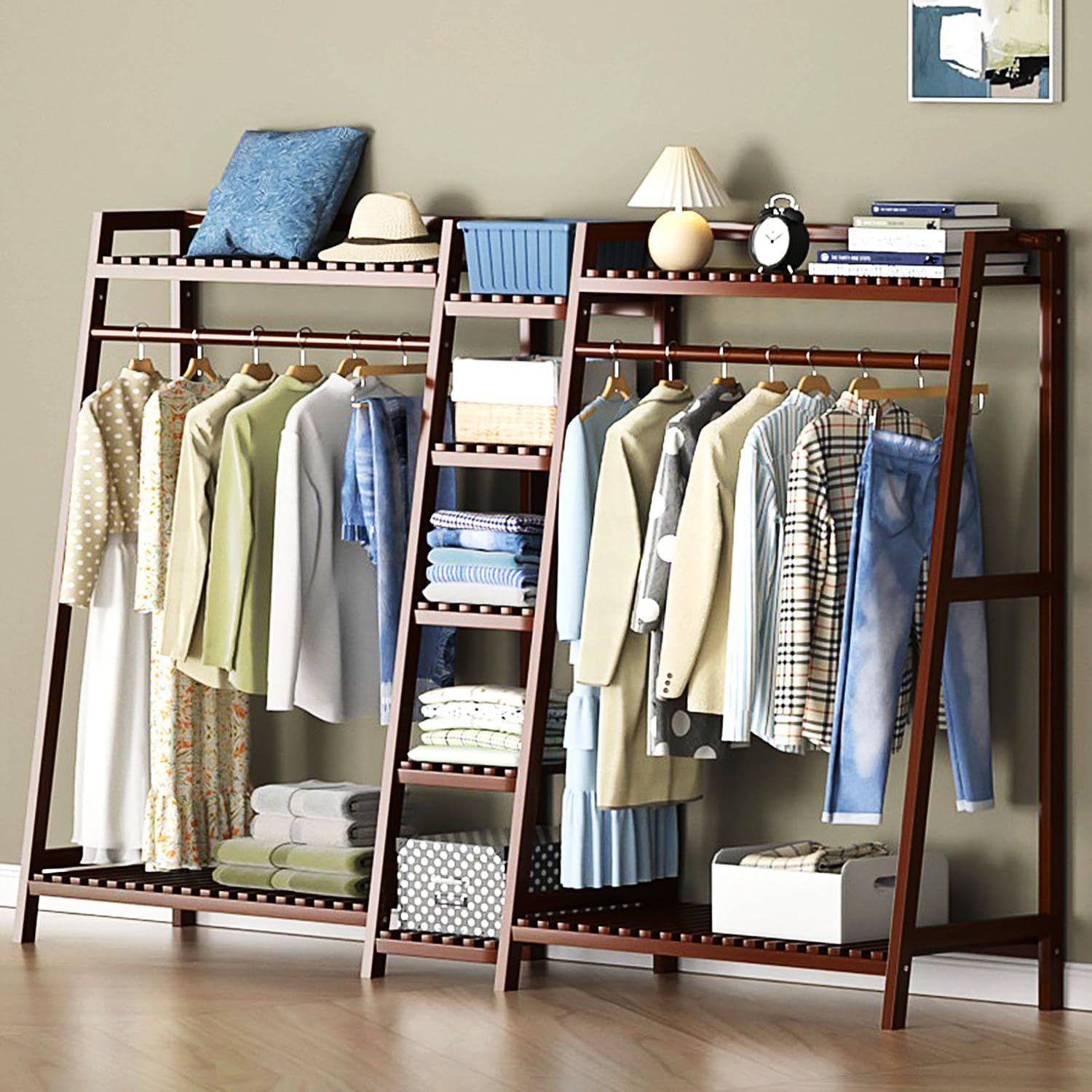 Bamboo Freestanding Clothing Rack - Large Garment Storage Organizer with Shelves, Brown, 130cm - Ideal for Hanging Clothes & Shoes, Stylish Wardrobe Solution