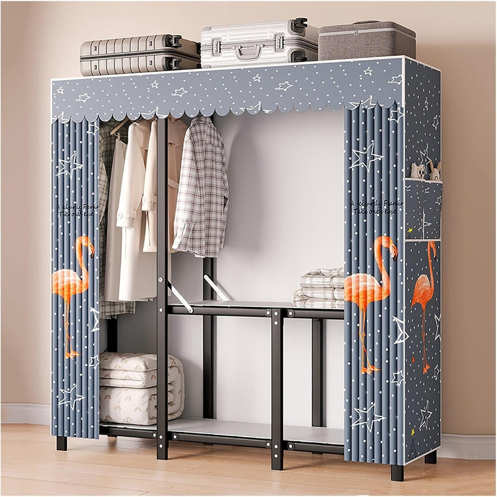Foldable Wardrobe Closet, Portable Closet With Cover, Garment Rack For Hanging Clothes, Metal Freestanding Clothing Rack For Bedroom, Dorm(Blue2,145cm/57.1inch)
