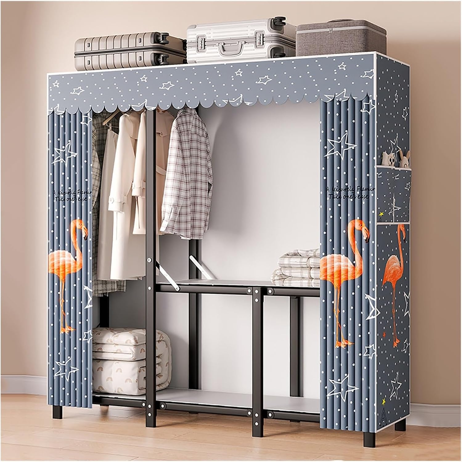 Foldable Wardrobe Closet, Portable Closet With Cover, Garment Rack For Hanging Clothes, Metal Freestanding Clothing Rack For Bedroom, Dorm(Blue2,110cm/43.3inch)