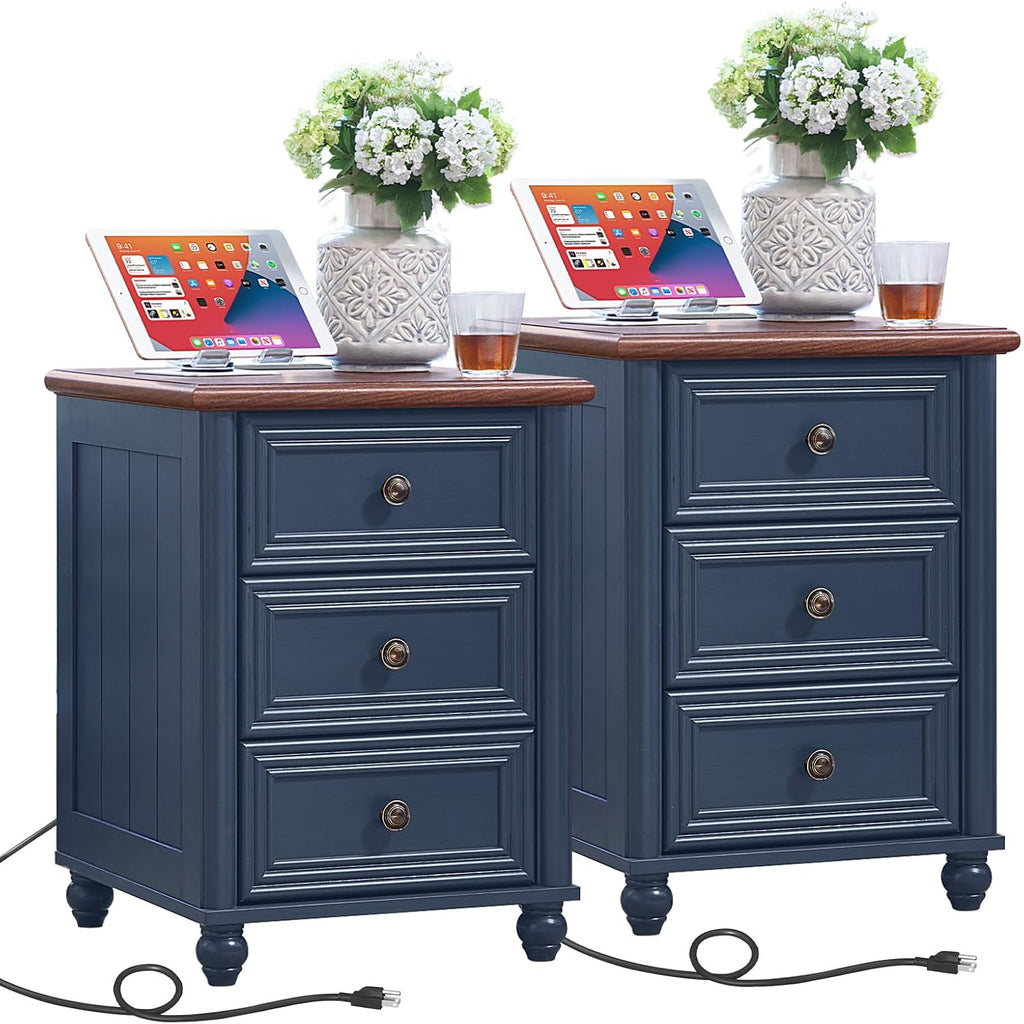 RWYHG 18' Farmhouse Nightstand Set 2 with Charging Station and USB Port, Blue Night Stand with 3 Drawers, Wood Bedside End Table with Storage, Bed Side Tables for Bedroom Living Room and Closet