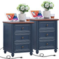 RWYHG 18' Farmhouse Nightstand Set 2 with Charging Station and USB Port, Blue Night Stand with 3 Drawers, Wood Bedside End Table with Storage, Bed Side Tables for Bedroom Living Room and Closet