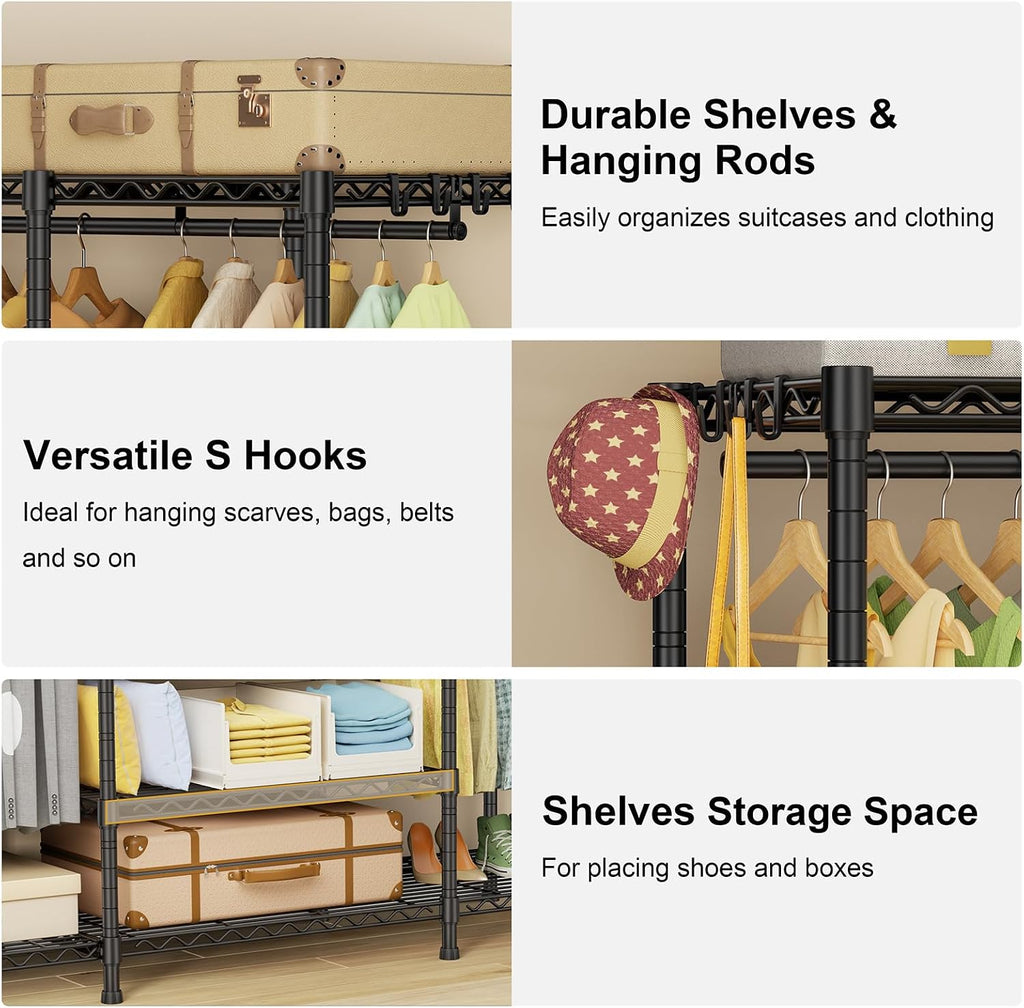 Ulif E3 Heavy Duty Garment Rack, 4 Tiers Freestanding Closet Organizer System with 5 Shelves, Metal Closet Organizer and Storage System for Clothes, Max Load 850lbs, 58.4'W x 15.7'D x 77.3'H, Black