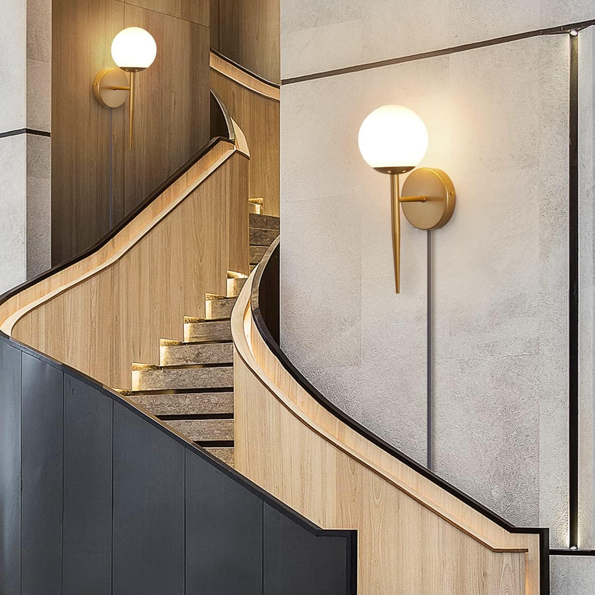 BOKT Mid Century Modern Globe Wall Sconce Set of Two Plug in Cord Brushed Gold Bathroom Wall Sconce Light Set of 2 Plug in Frosted White Glass Bedroom Plug in Wall Lamp (White)