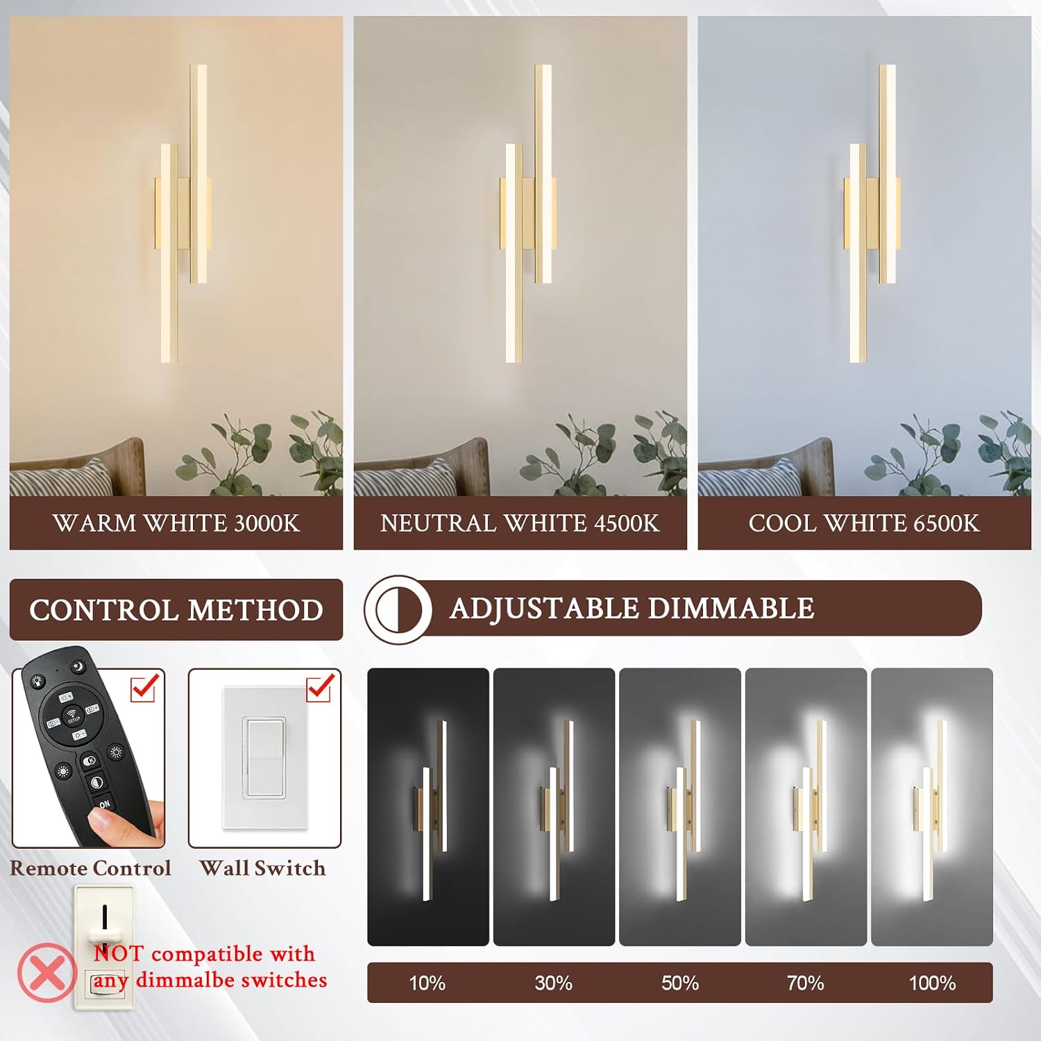 LED Wall Sconce Set of 2 Gold Remote Modern LED Vanity Lights Set of 2 Indoor Wall Light Fixtures for Living Room, Dimmable Wall Sconce for Bedside Bedroom Bathroom, L23.6inch 2 Pack