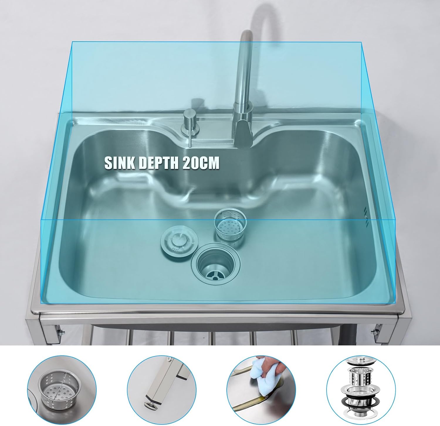 Freestanding Sink Utility Sink Stainless Steel Sink Single Bowl Sink Workbench with Hot and Cold Water Pipe Tap for Outdoor Indoor Utility Room,Garage,Laundry 72Cm