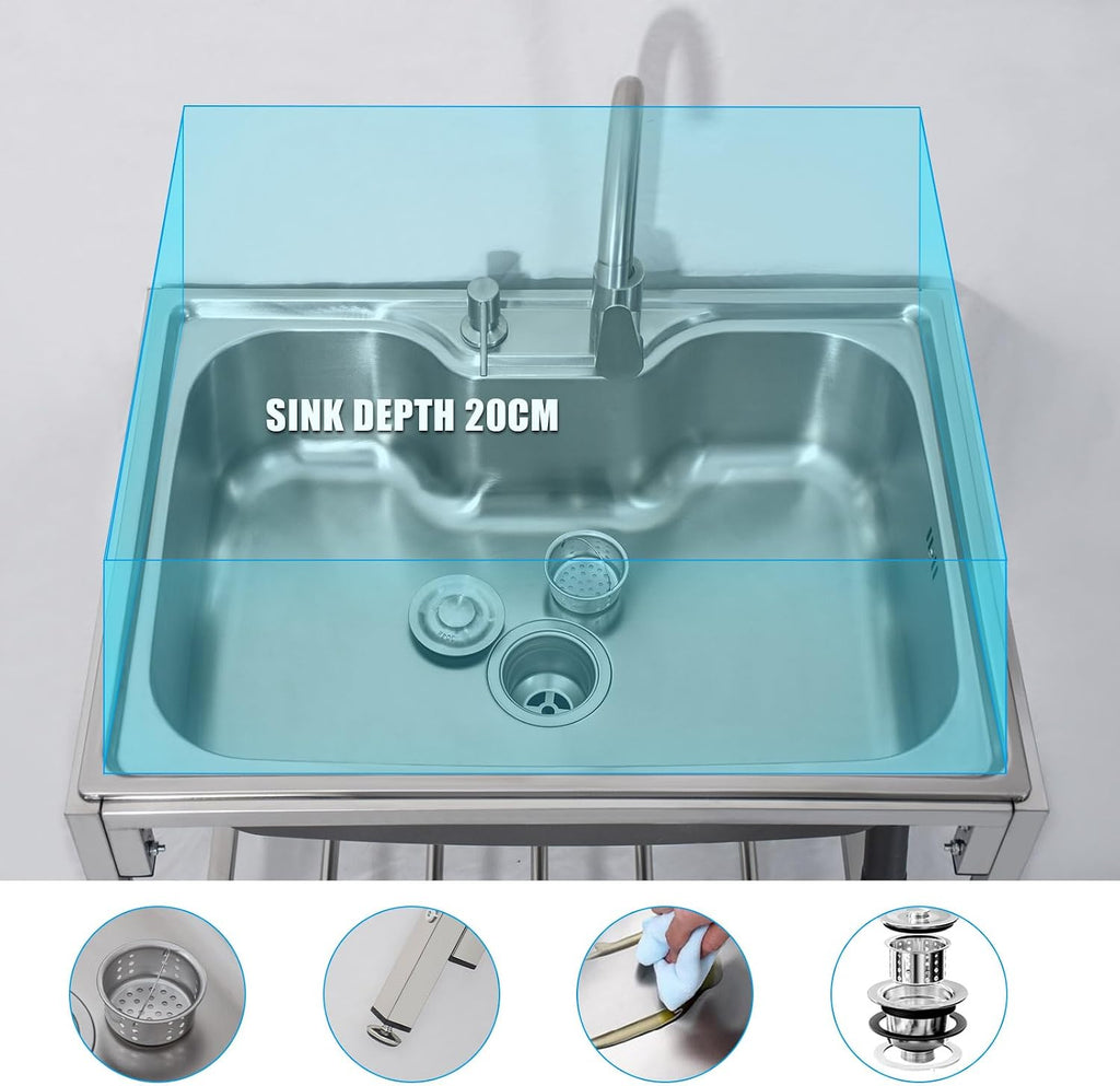 Freestanding Kitchen Sink Single Bowl Stainless Steel Sink,Outdoor Garden Sink with Hot and Cold Water Pipe Tap Suitable for Kitchen and Garden