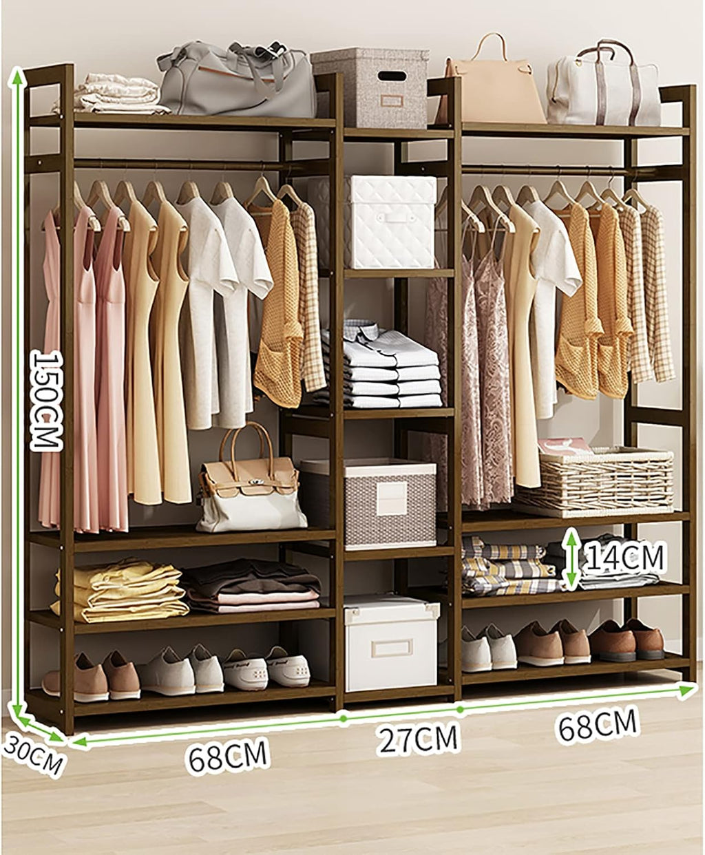Clothes Hanging Rack with 13 Shelves and 2 Coat Hooks,Heavy Duty Bamboo Garment Rack,for Cloth Shoe Coat Storage Organizer Shelf in Entryway Office Shop Laundry,164x30x150cm