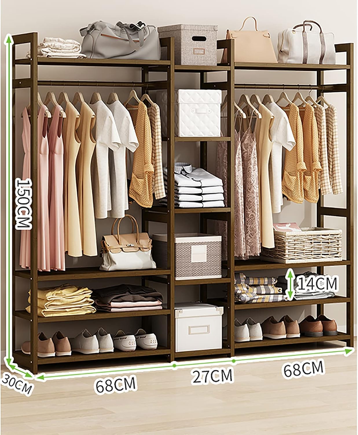 Clothes Hanging Rack with 13 Shelves and 2 Coat Hooks,Heavy Duty Bamboo Garment Rack,for Cloth Shoe Coat Storage Organizer Shelf in Entryway Office Shop Laundry,164x30x150cm