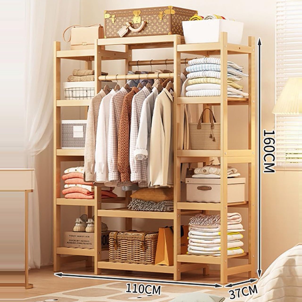 Extra Large Bamboo Clothes Rail with 2 Hanging Rods and 11 Storage Shelves Portable Garment Rack for Bedroom Hallway Entryway Height: 160CM Available in Wood Color (110/120/130/140/160CM)