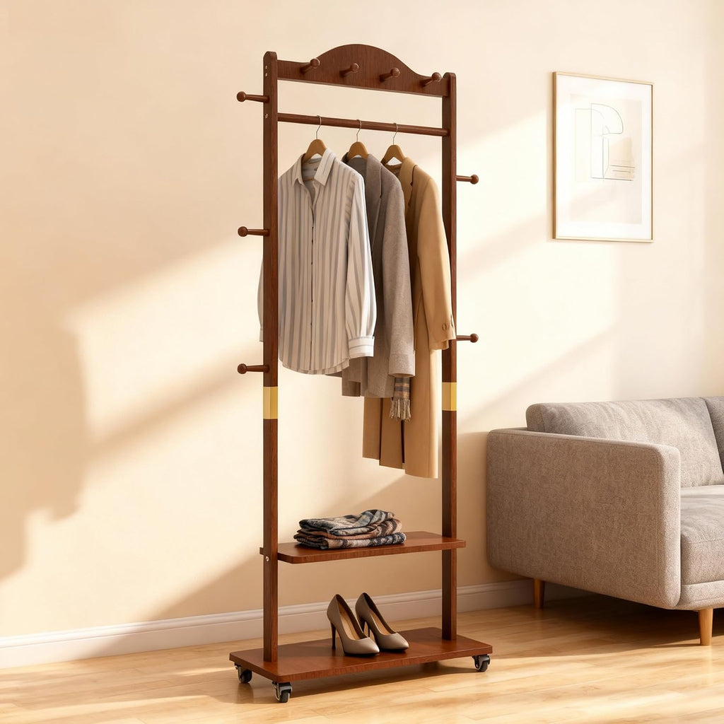 High-Grade Rubber Wood Coat Rack, Easy To Assemble, With 9 side hooks,With 2 partitions, Mobile Rollers, Multifunctional Coat Rack Suitable for Suitable for hanging clothes, hats,storing shoes.