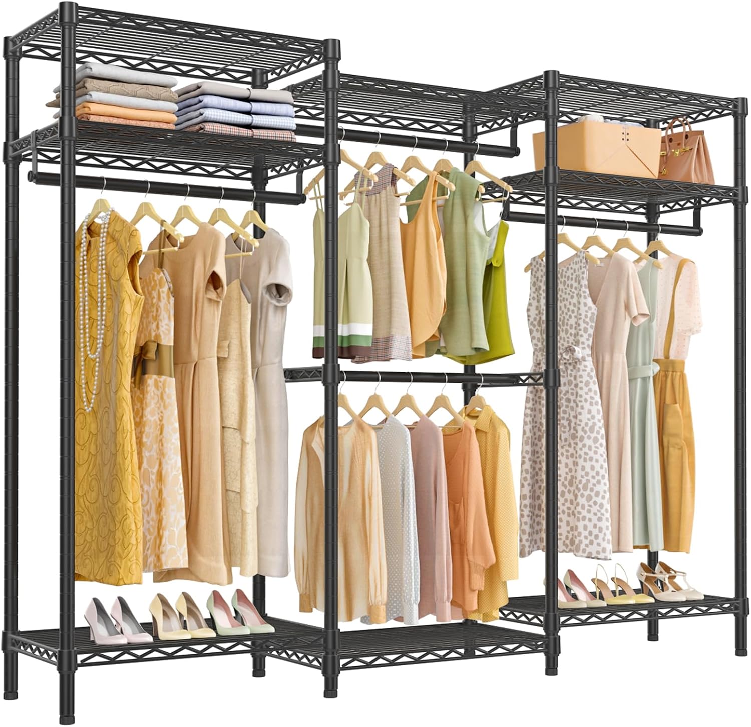VIPEK V5i Garment Rack Heavy Duty Clothes Rack for Hanging Clothes, Portable Wardrobe Closet Freestanding Clothing Rack with 8 Adjustable Shelves & 4 Hang Rods, 68.9' L x 15.7' W x 76.4' H, Black