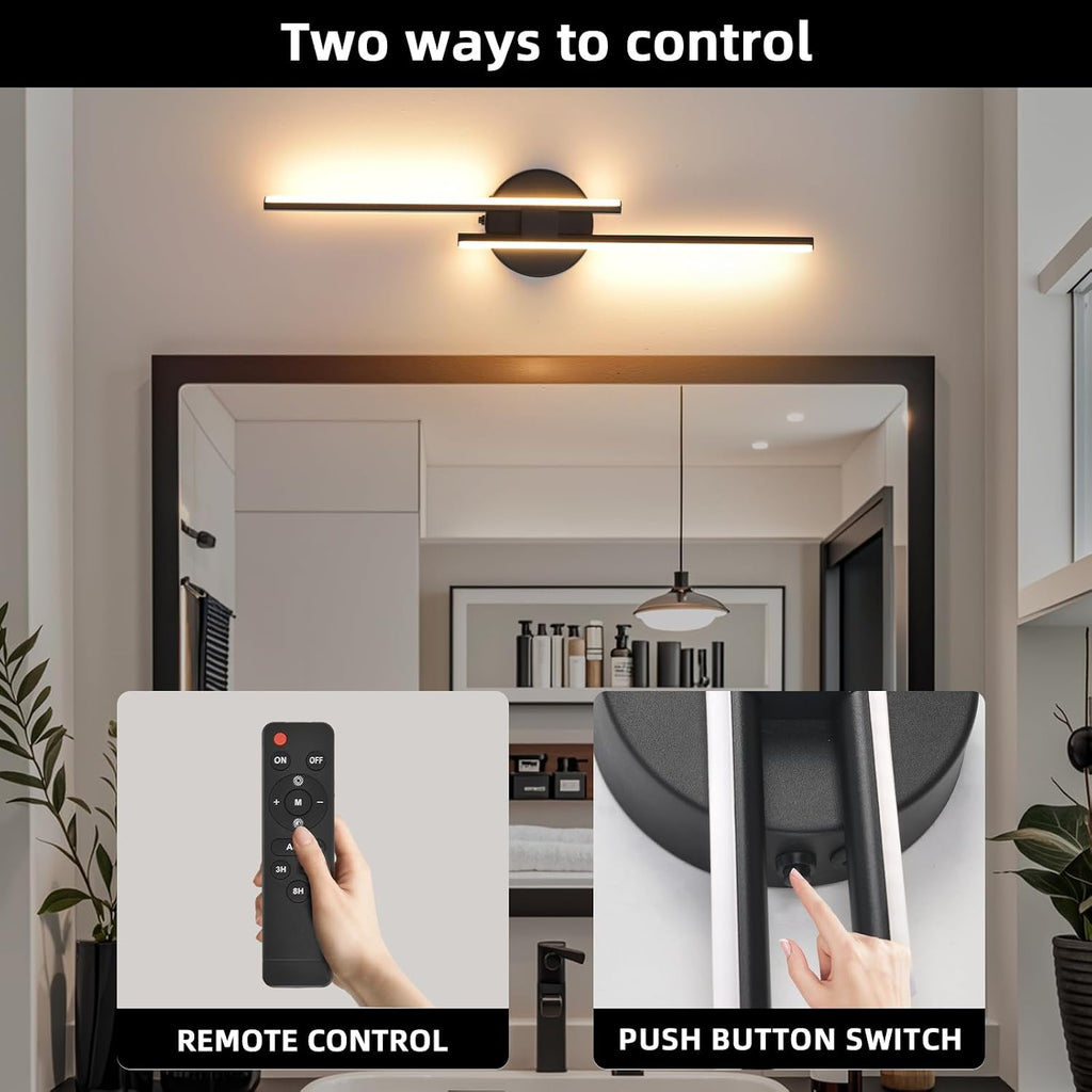 Rechargeable Battery Operated Wall Sconce Set Of Two, Black Wireless LED Wall Sconces With Remote Control, Dimmable 3 Colors Cordless wall lights for Living Room, bedroom, Hallway, 23.6 Inch ( 2pcs)