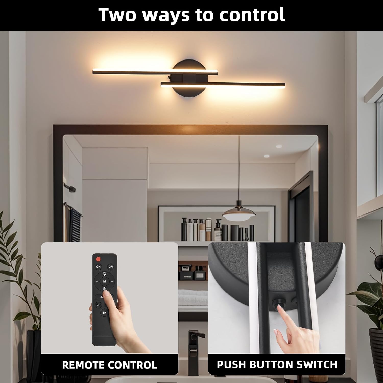 Rechargeable Battery Operated Wall Sconce Set Of Two, Black Wireless LED Wall Sconces With Remote Control, Dimmable 3 Colors Cordless wall lights for Living Room, bedroom, Hallway, 23.6 Inch ( 2pcs)