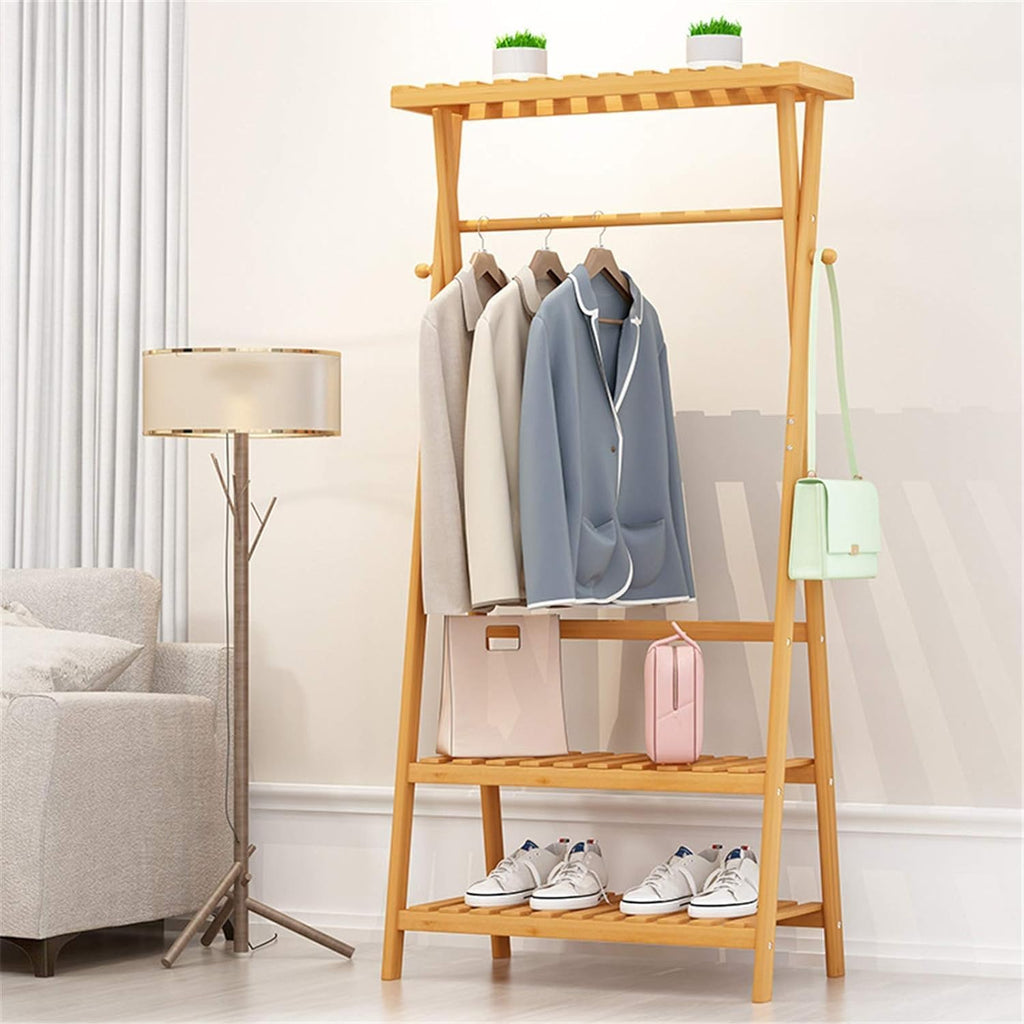 3 in 1 Bamboo Coat Rack Garment Rack,Stand Clothes Hanging with Shelves Storage Organiser Shoe Storage Shelves Garment Rack (Color : Wood color, Size : 100 * 43 * 160cm)
