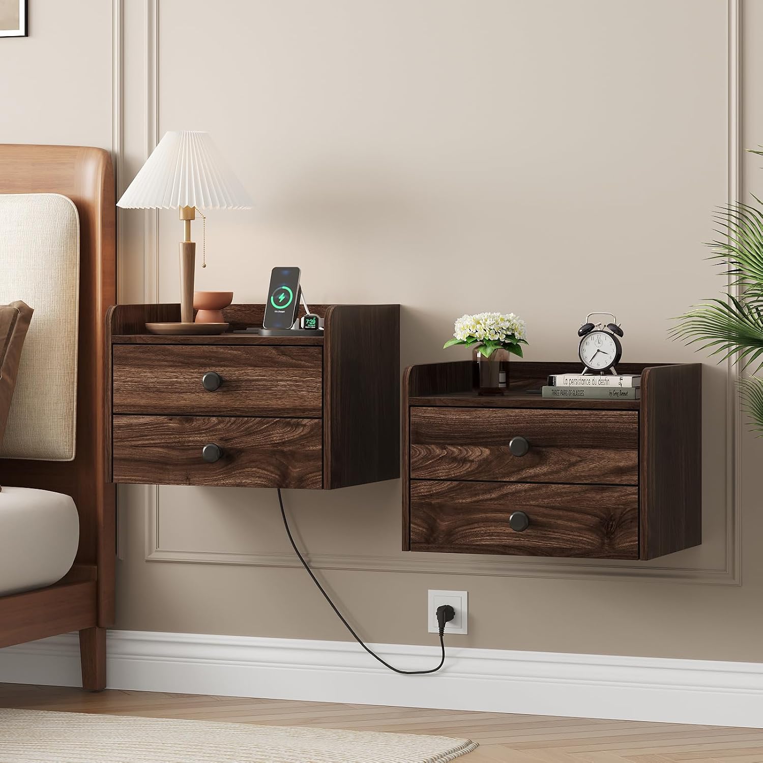 Floating Nightstand Set of 2 with 2 Storage Drawers and Charging Station Wood Wall Mounted Bedside End Table Modern Night Stands Set 2 for Bedroom,Small Space,Brown Walnut