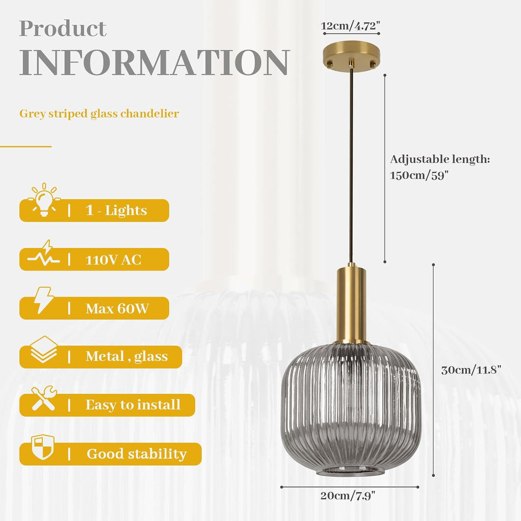 Smoke Gray Glass Pendant Lighting Kitchen Island Vintage Gold Pendant Lamp Mid Century 1-Light Adjustable Pendant Light Fixture Above Kitchen Sink Dining Table Bar Counter