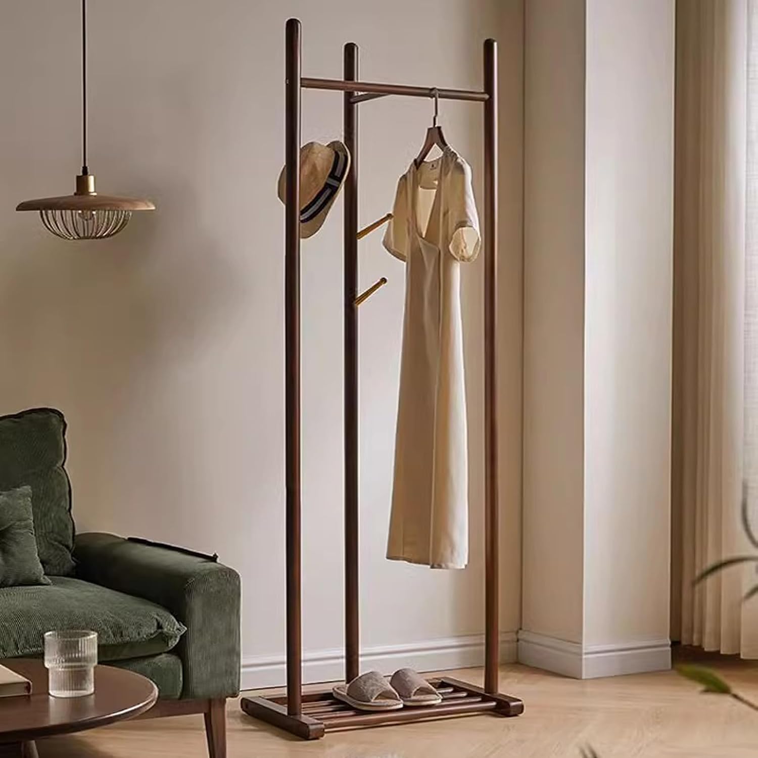 Bamboo Garment Rack, Sturdy Clothing Rack for Hanging Clothes, Clothing Organizer Hat Tree with Storage Shelves and Hanging Hooks, Suitable for Bedroom, Office, Living Room