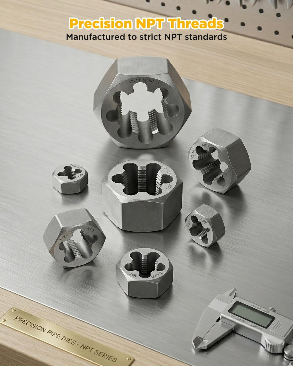 NPT Pipe Tap and Die Set 1/16', 1/8', 1/4', 3/8', 1/2', 3/4' and 1', Rethreading High Speed Steel Taper Taps and Carbon Steel Hex Dies with Portable Blue Storage Box (14 Pcs)