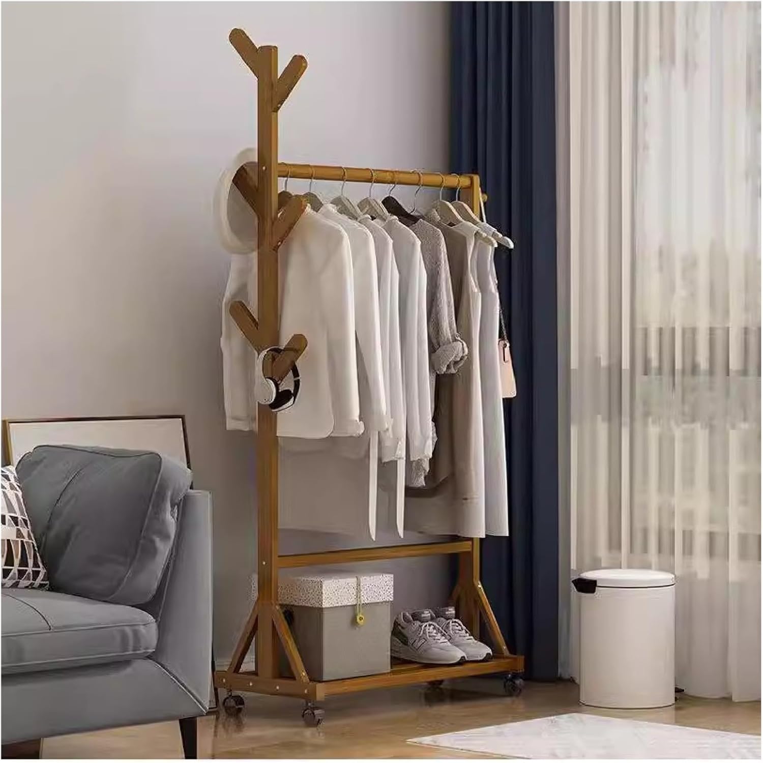 Clothes Rail Garment Rack Bamboo Coat Rack,Freestanding Home Drying Rack Floor Hanging Clothes Rack Hat Handbag Hanger Hall