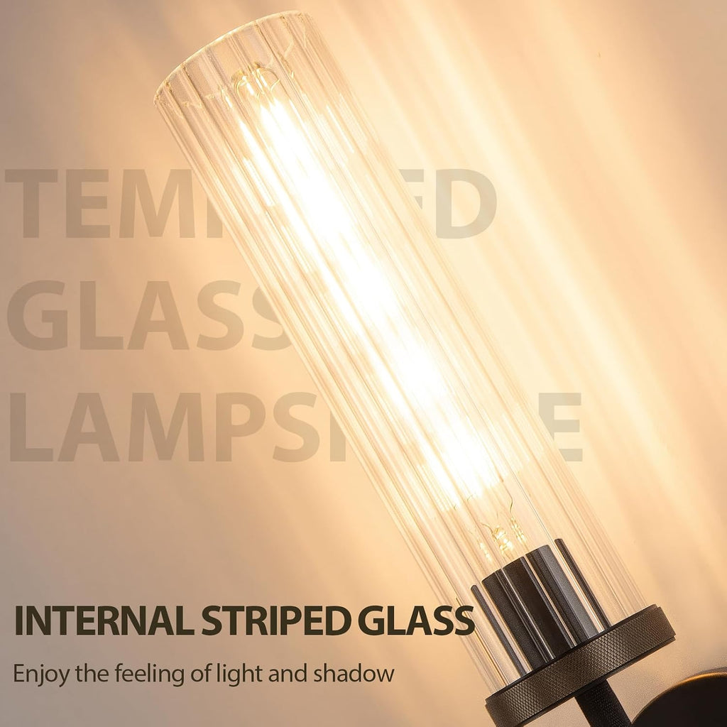19.5' Knurled Brass Wall Sconce with Vertical Striped Glass Tube, Black Gold Bathroom Vanity Light Fixtures, Modern Lamp Lighting for Bedroom, Living Room, Hallway, Staircase, Mirror, Kitchen