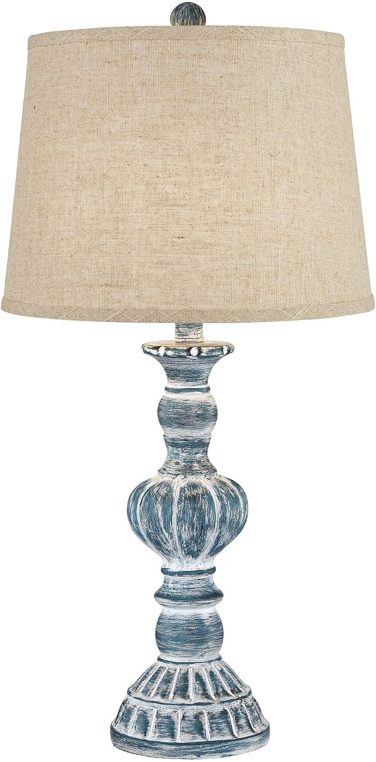Regency Hill Tanya Country Cottage Core Traditional Style Table Lamps 26.5' High Set of 2 Blue Wash Resin Burlap Linen Drum Shade Decor for Living Room Bedroom House Bedside Nightstand Home