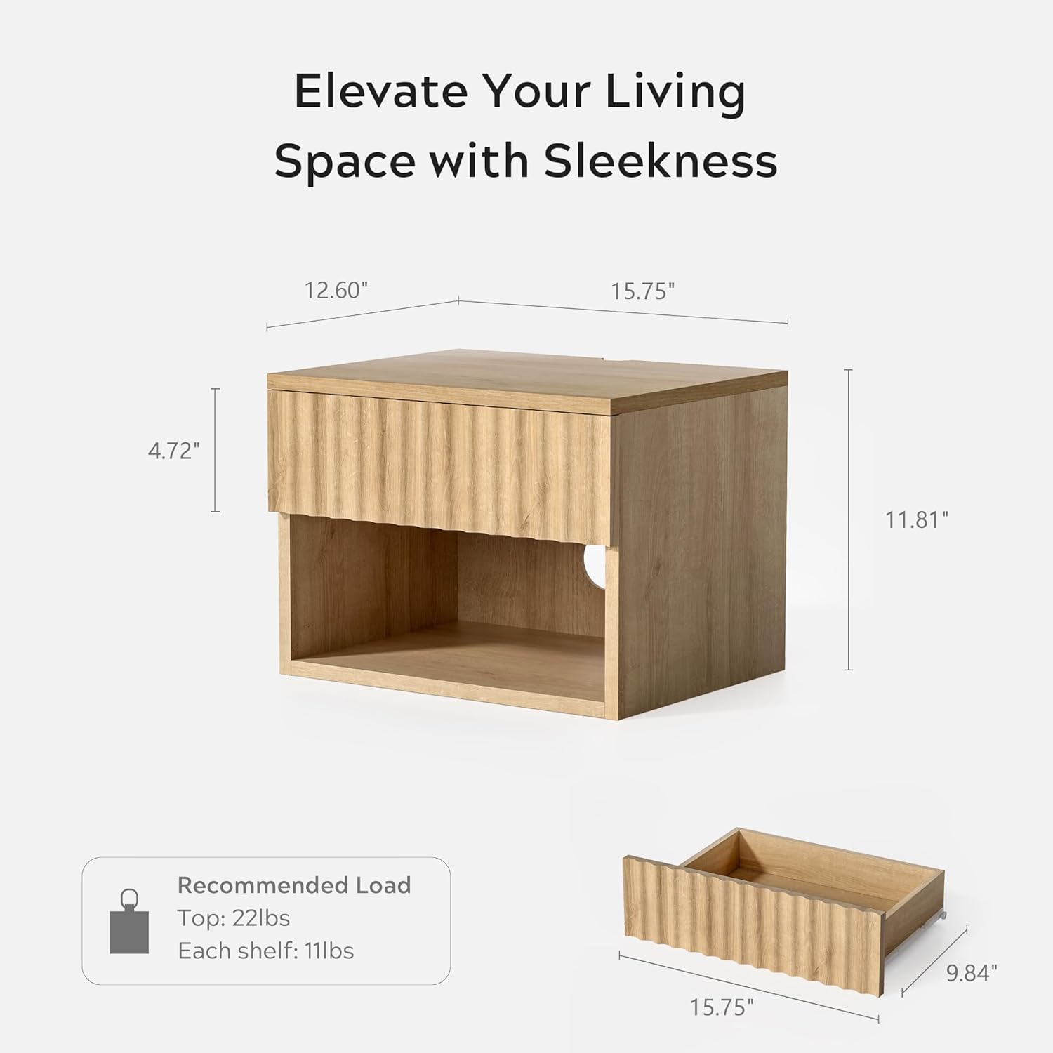 EYYTHUNG Fluted TV Stands Set of 4, Modern Small Floating Nightstand with Drawer and Open Storage Shelf Night Stand Wall Mounted Bedside Tables Natural Oak