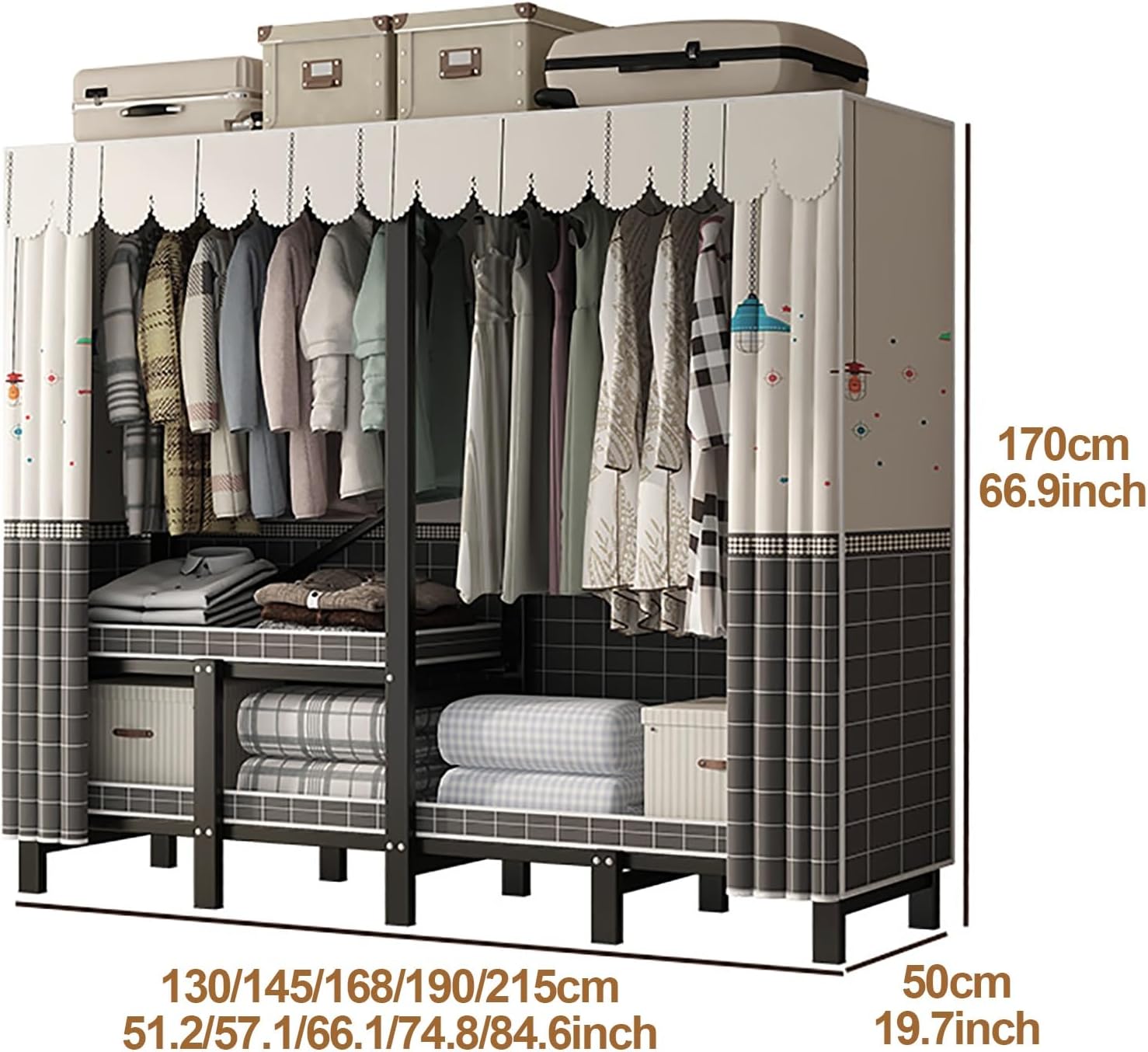 Heavy Duty Portable Wardrobe Closet With Cover, Metal Clothing Organizer For Bedroom, Foldable Garment Rack For Hanging Clothes, Clothes Rack Covered(Grey,130cm/51.2inch)