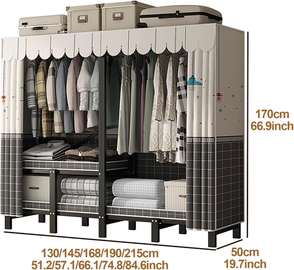 Heavy Duty Portable Wardrobe Closet With Cover, Metal Clothing Organizer For Bedroom, Foldable Garment Rack For Hanging Clothes, Clothes Rack Covered(Grey,145cm/57.1inch)