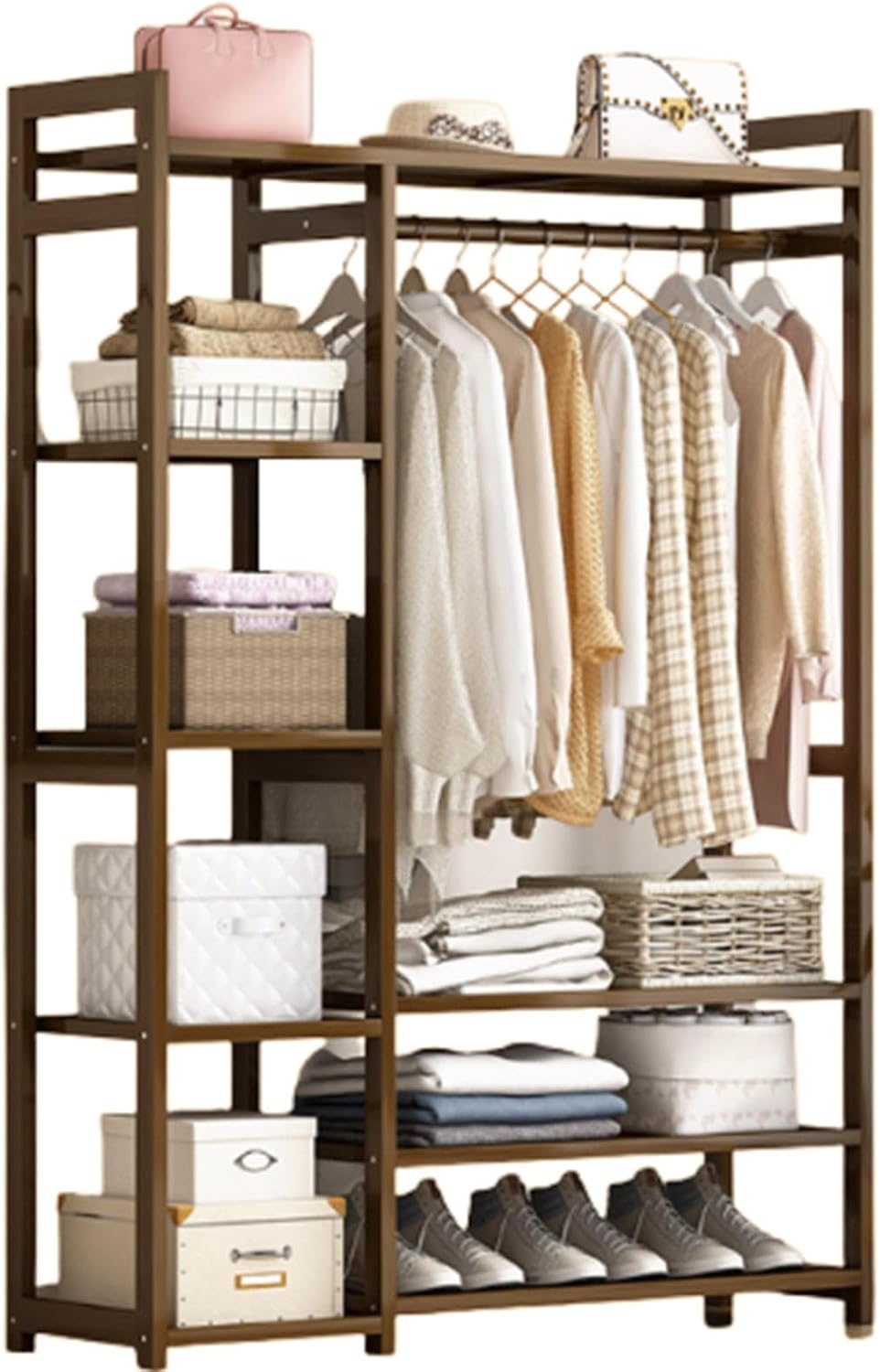 Free Standing Clothing Racks for Hanging Clothes, Bamboo Garment Rack Closet Organizer with Storage Shelves,Clothes Organizer for Bedroom, Living Room,110 * 30 * 150cm