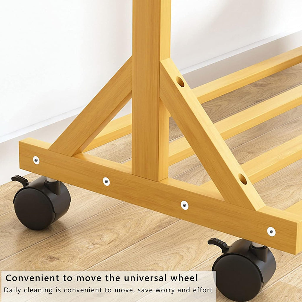 Clothes Rack,Bamboo Garment Coat Clothes Hanging,Freestanding Hanger 6 Side Hooks,with Wheels,for Home Bedroom Entryway