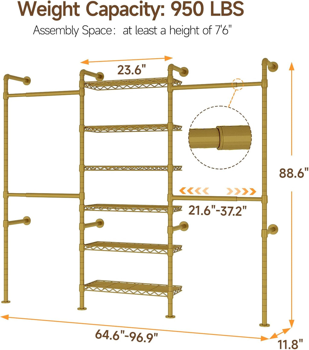ONBRILL H3 Expandable Wall Mounted Closet System, 5.4FT-8.1FT Closet Organizer with 4 Telescopic Rods & 6 Wire Shelves, Industrial Pipe Clothing Rack for Walk-in & Reach-in Closet (Gold)
