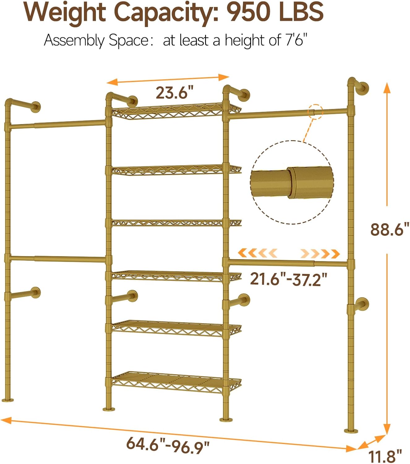 ONBRILL H3 Expandable Wall Mounted Closet System, 5.4FT-8.1FT Closet Organizer with 4 Telescopic Rods & 6 Wire Shelves, Industrial Pipe Clothing Rack for Walk-in & Reach-in Closet (Gold)