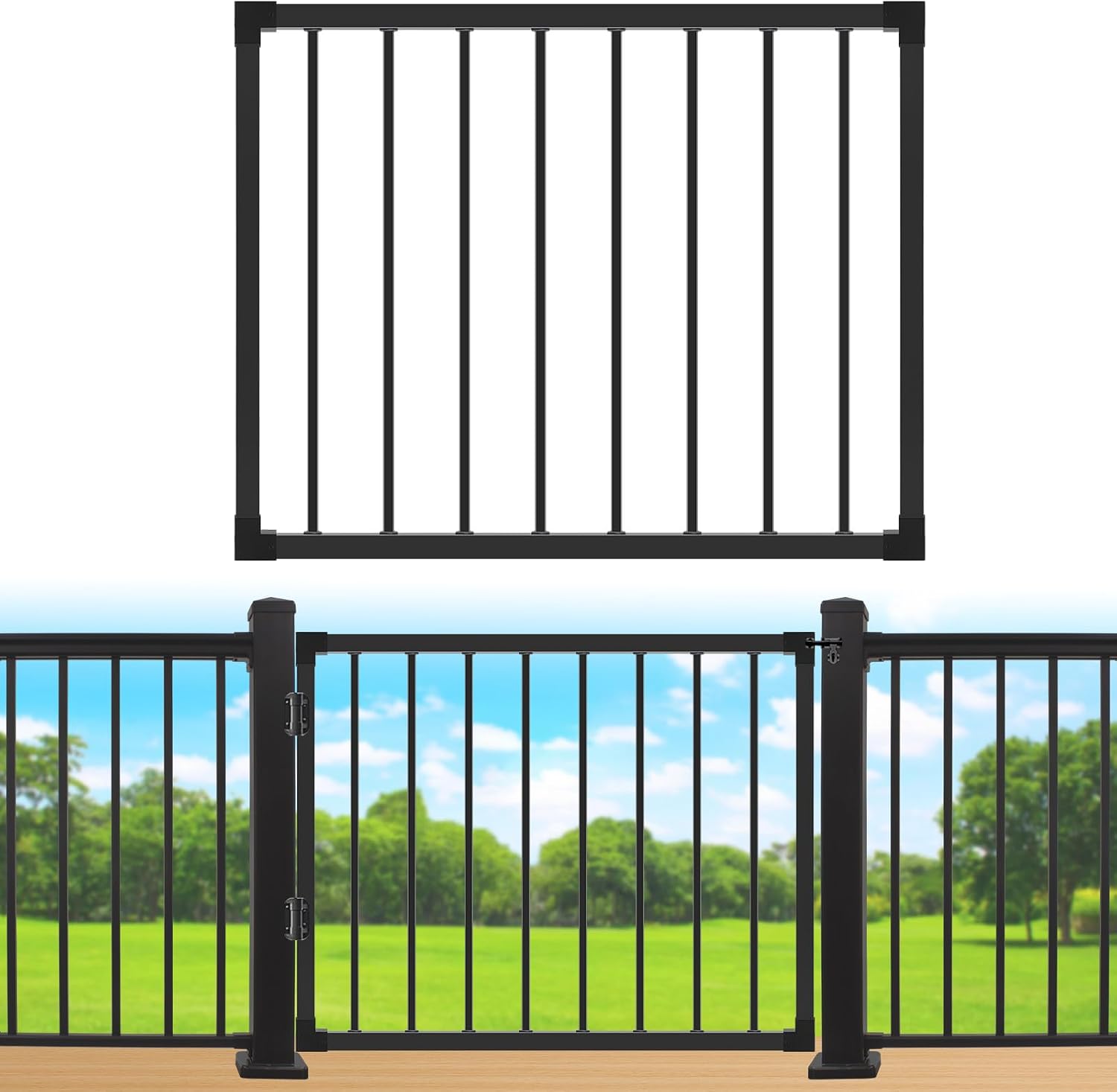 Deck Fence Gate Outdoor, 42''Hx48''W Deck Gate, Black Heavy Duty Steel Anti-Rust Door with Customizable Width, Metal Gate for Residential, Yard, Patio(No Hinge)