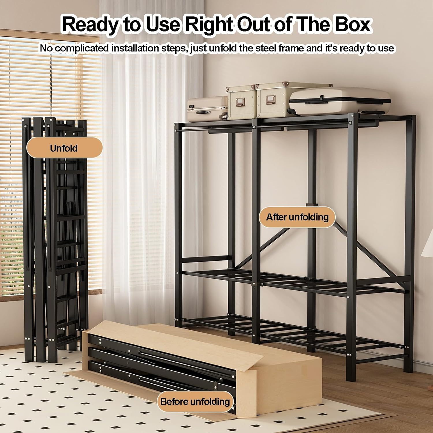 Foldable Wardrobe Closet, Metal Freestanding Clothing Rack, Garment Rack For Hanging Clothes, Coat Storage Organizer With Hanging Rods, For Bedroom, Dorm(Green,145cm/57.1inch)