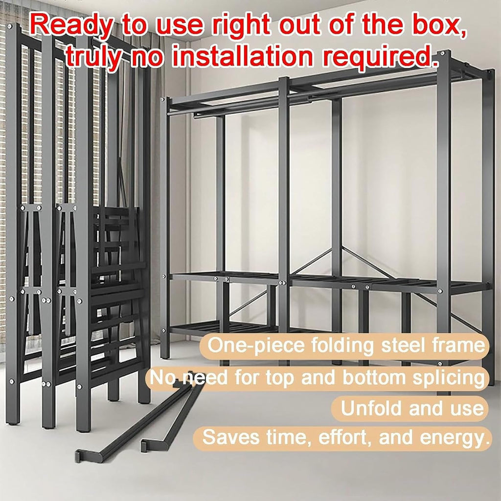 Heavy Duty Portable Wardrobe Closet with Cover 2200lbs Foldable Covered Garment Rack for Hanging Clothes Freestanding Coat Storage Armoire