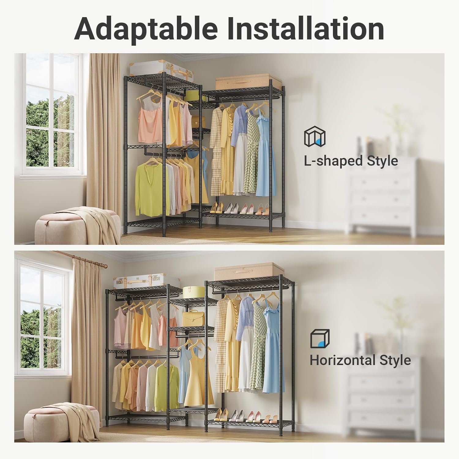 VIPEK L6 Heavy Duty Clothes Rack L Shape Clothing Rack 5-Tier Wire Garment Rack Freestanding Closet with 7 Adjustable Shelves & 4 Hanging Rods, 42.1' L x 42.1' W x 76.4' H, Max Load 850LBS, Black