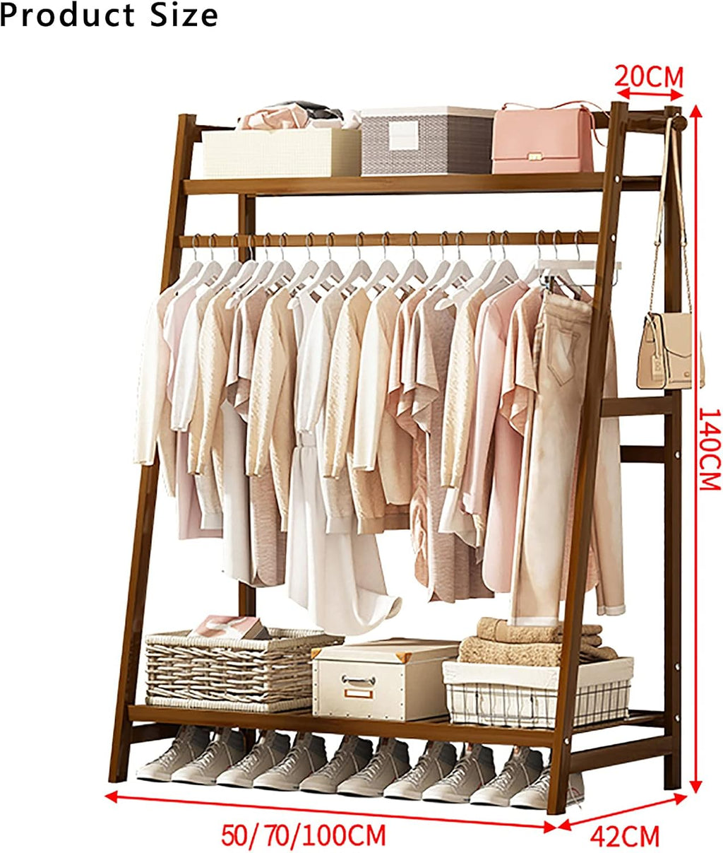 Bamboo Garment Rack,Multi-Functional Clothes Rack,with top Shelf and Shoe Clothing Storage Organizer Shelves,for Bedroom Entryway Hanging Clothes
