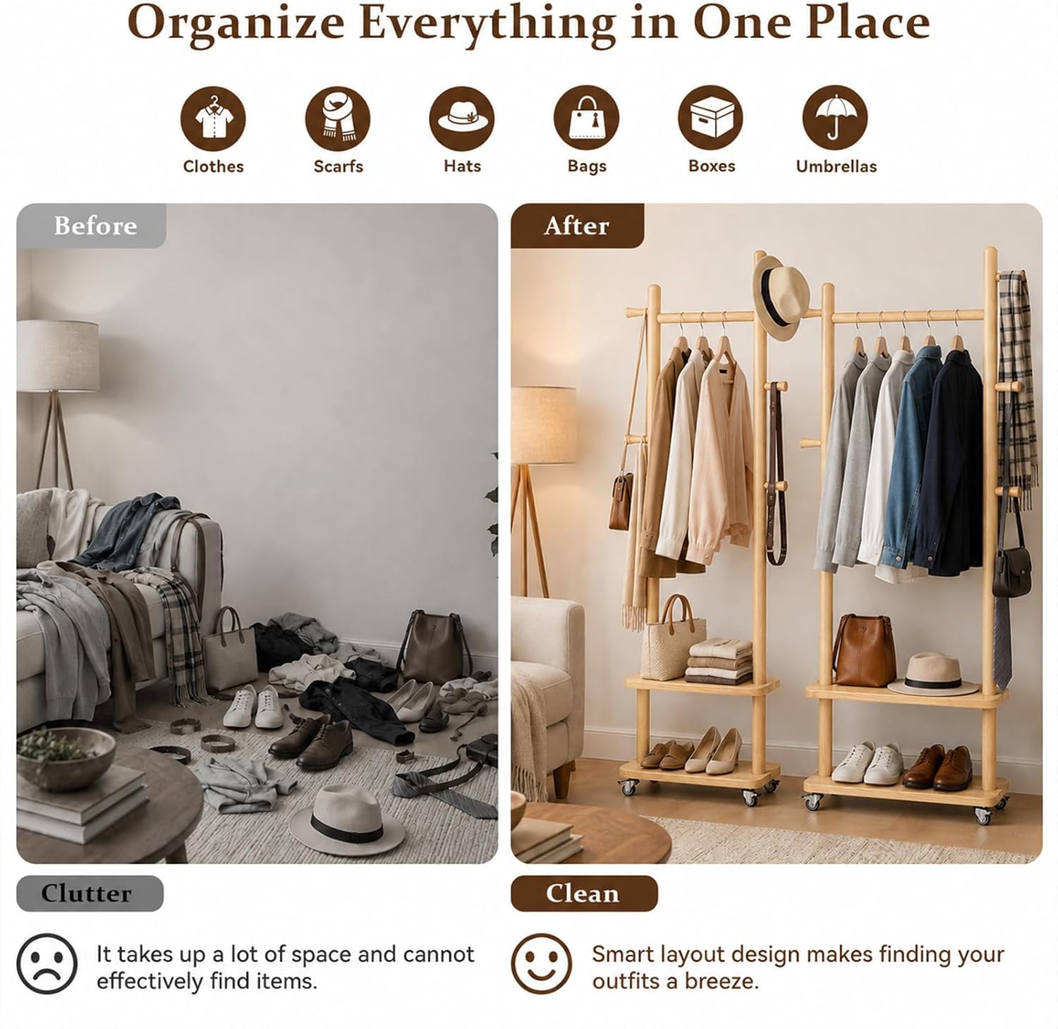 Taitiy Coat Rack Freestanding Clothing Rack with Wheels & 2 Shelves Storage & 5 Hooks Heavy Duty Clothes Rack Wood Coat Tree Stand Hat Hanger Rack for Corner Bedroom Entryway Living Room Hotel Size L