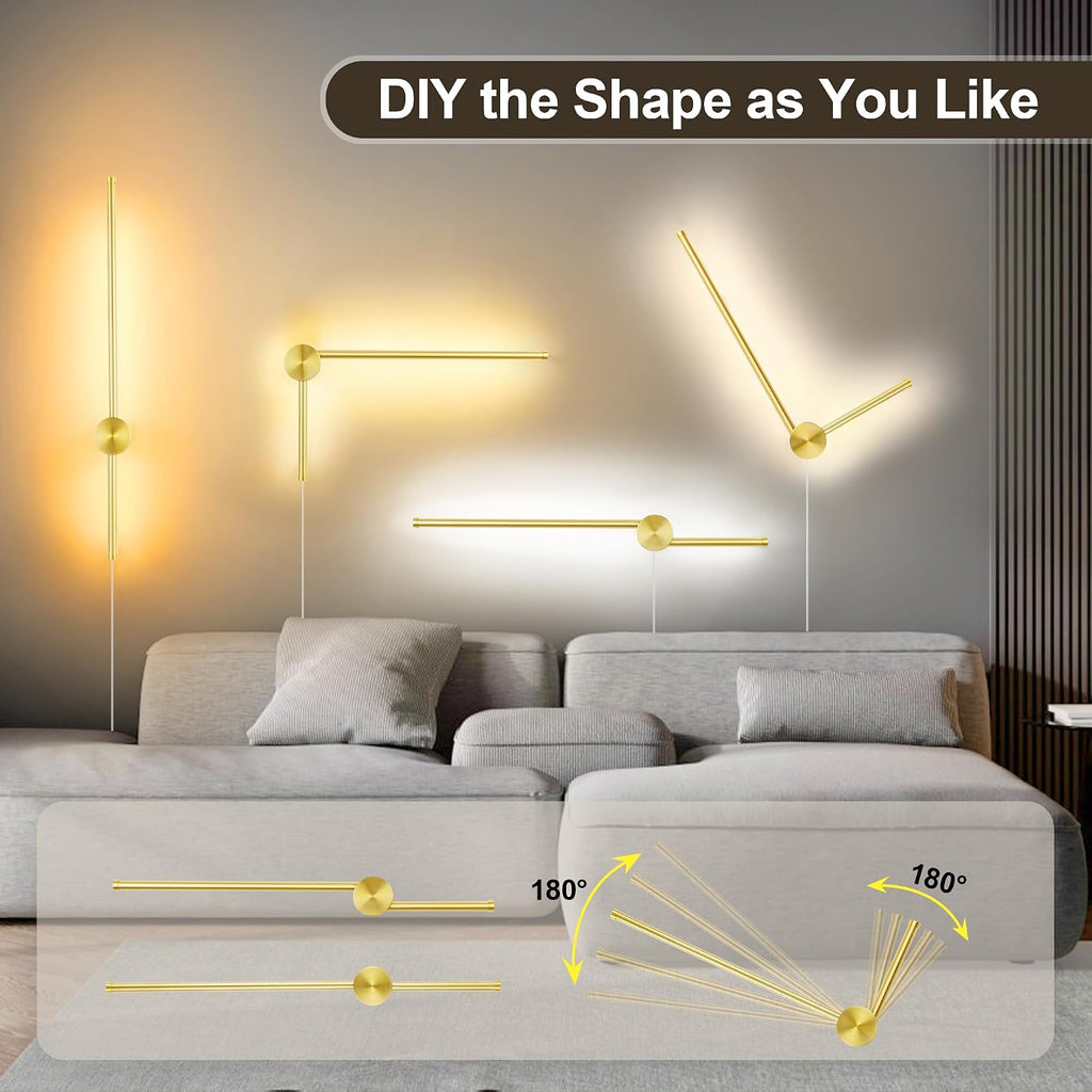 GOODATE Wall Sconces Set of Two with Remote, Stepless Colors 3000K-6500K & Stepless Dimming, Hardwire or Plug-in, 180° Rotate, LED Gold Plug in Wall Sconces with Timer & Night Light, 39.4 Inches