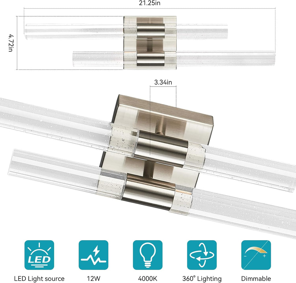 Crystal Wall Sconces Set of Two LED Wall Sconce Hardwired Brushed Nickel Bathroom Vanity Light Fixtures 21.25in 4000K Vertical and Horizontal Wall Mounted Sconces for Bedroom Living Room