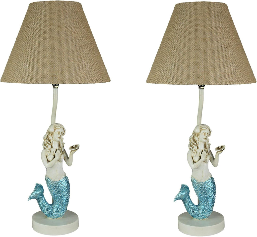 Zeckos Set of 2 Blue Glitter Mermaid Table Lamps Coastal Beach Decor Burlap Shades 22.5 Inches High