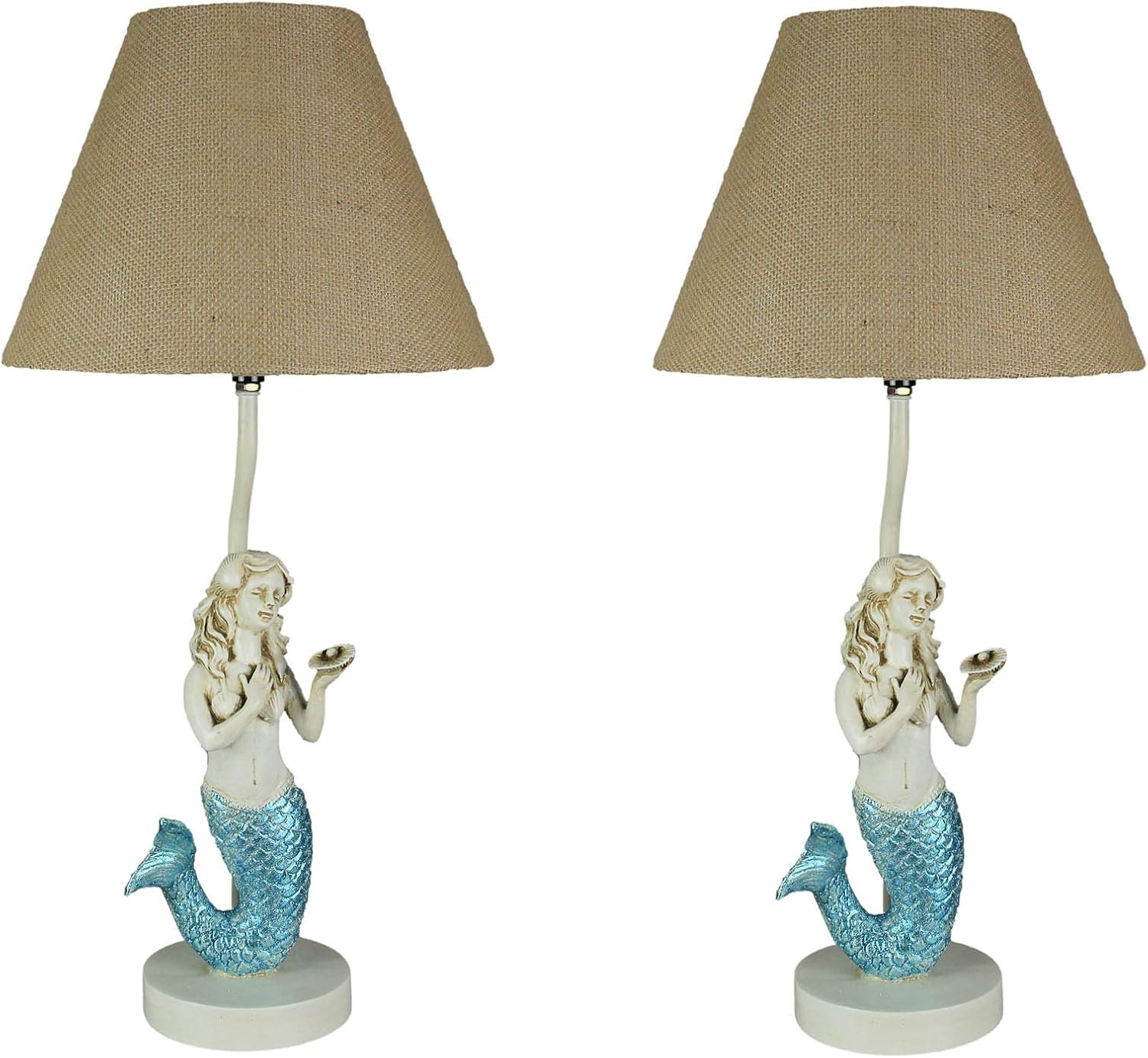 Zeckos Set of 2 Blue Glitter Mermaid Table Lamps Coastal Beach Decor Burlap Shades 22.5 Inches High