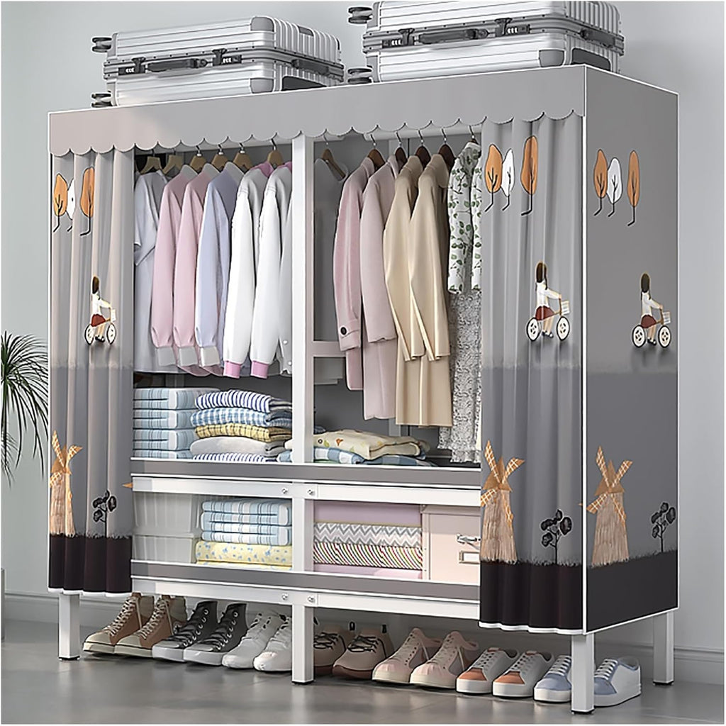 Foldable Portable Wardrobe Closet With Cover, Metal Garment Rack For Hanging Clothes, Clothing Rack, Enclosed Curtain Metal Clothing Organizer For Bedroom(Grey,180x175x52cm)