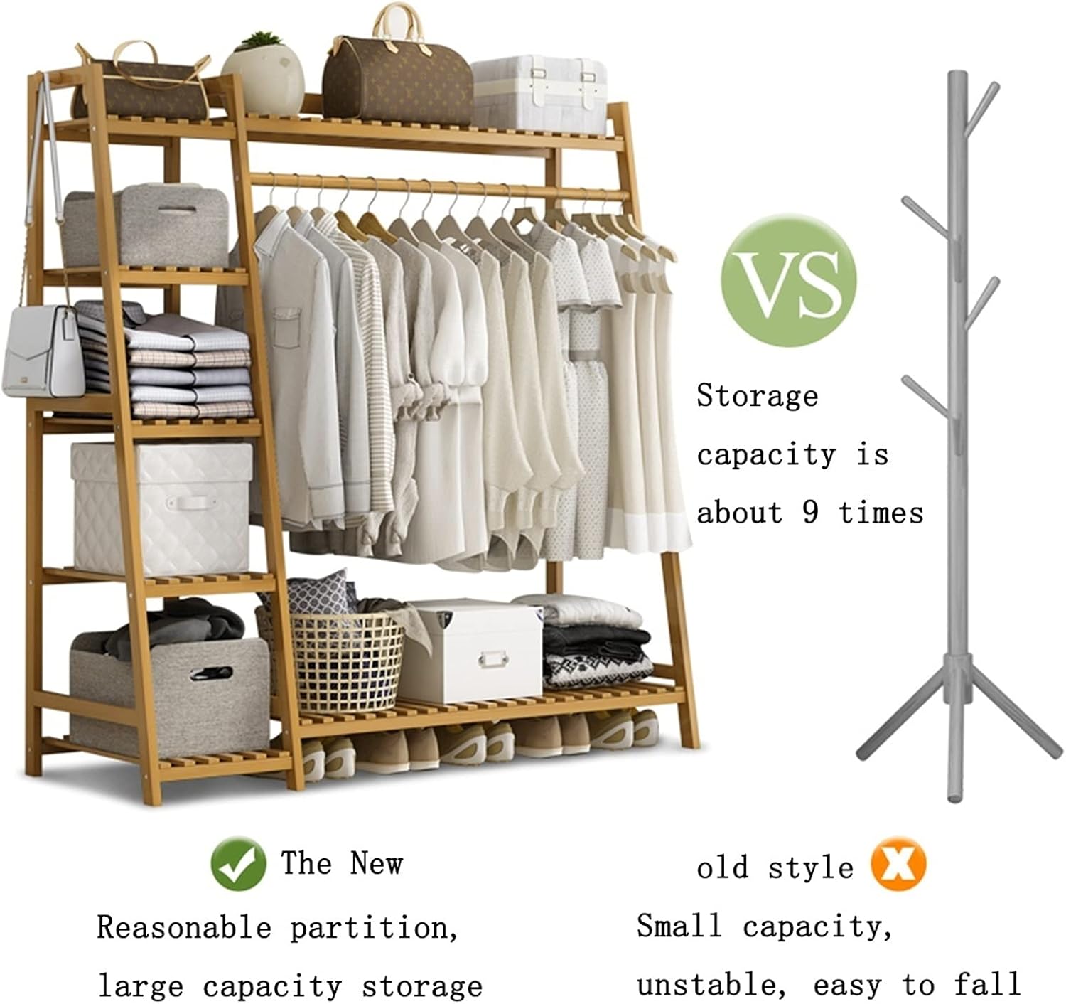 Bamboo Shoe Bench Coat Stand Rack Hanger Organizer with Heavy Duty Garment Rack Standing Closet Storage Open Wardrobe for Hanging Clothes and Storage 130Cm,OneColor
